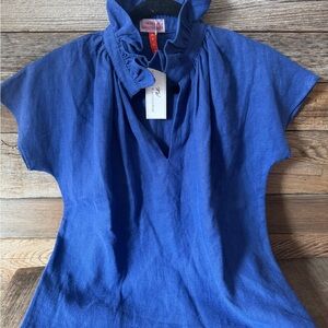 Never a Wallflower  Deep Blue Ruffle Neck Blouse